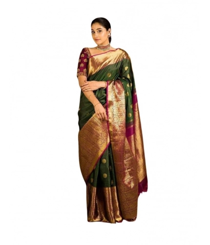 Generic Women's Soft Lichi Silk Printed Saree With Unstitched Blouse 5.5Mtr (Green)
