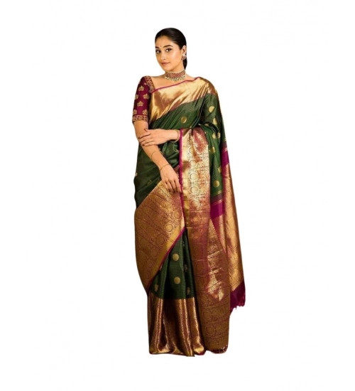 Generic Women's Soft Lichi Silk Printed Saree With Unstitched Blouse 5.5Mtr (Green)
