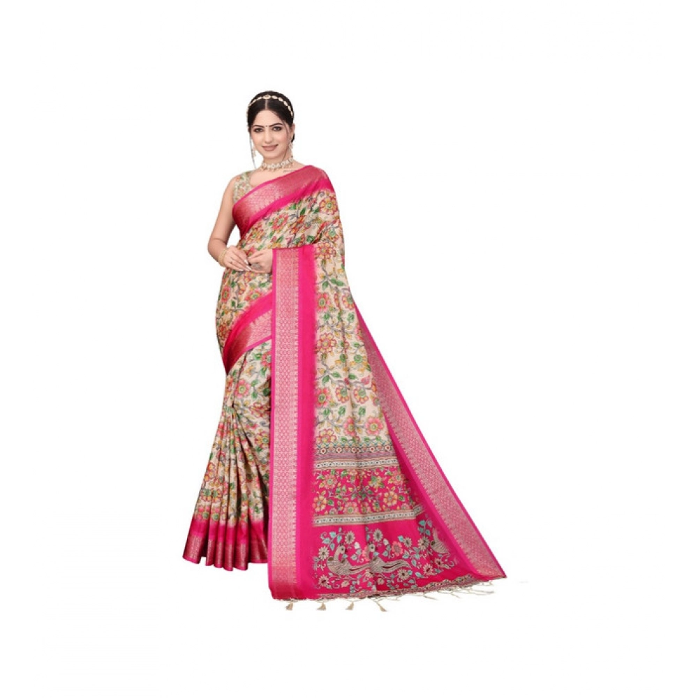Generic Women's Cotton Silk  Printed Saree With Unstitched Blouse 5.5Mtr (Pink)
