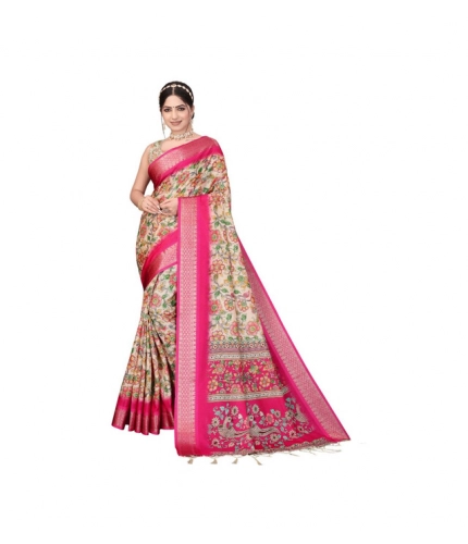 Generic Women's Cotton Silk  Printed Saree With Unstitched Blouse 5.5Mtr (Pink)