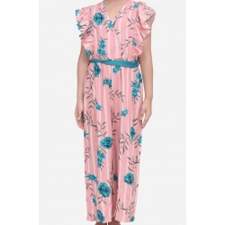 Generic Girl's Rayon Floral Flutter Jumpsuit (Pink-Blue)