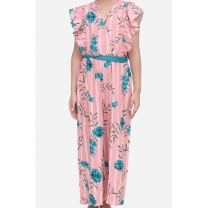 Generic Girl's Rayon Floral Flutter Jumpsuit (Pink-Blue)