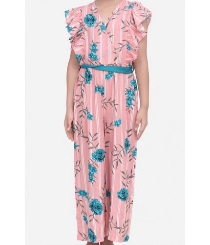 Generic Girl's Rayon Floral Flutter Jumpsuit (Pink-Blue)
