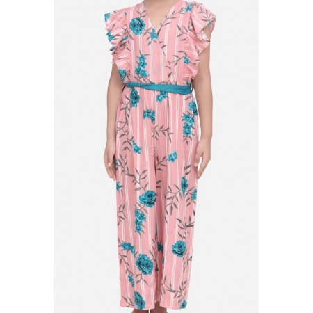 Generic Girl's Rayon Floral Flutter Jumpsuit (Pink-Blue)