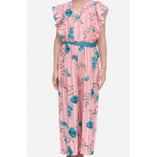 Generic Girl's Rayon Floral Flutter Jumpsuit (Pink-Blue) Generic Girl's Rayon Floral Flutter Jumpsuit (Pink-Blue)
