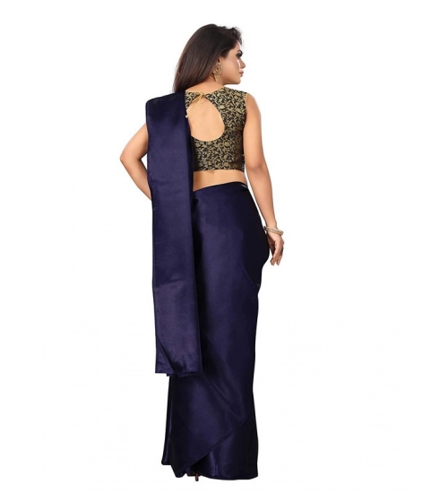 Generic Women's Satin Printed Saree With Unstitched Blouse 5.5Mtr (Navy Blue)
