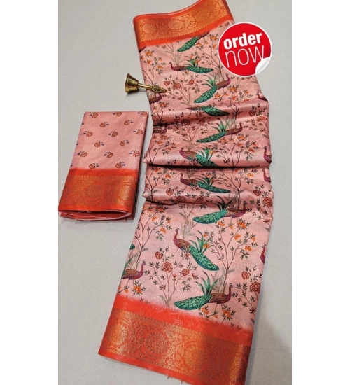 Generic Women's Digital Dolla Silk Printed Saree With Unstitched Blouse 5.5Mtr (Orange)