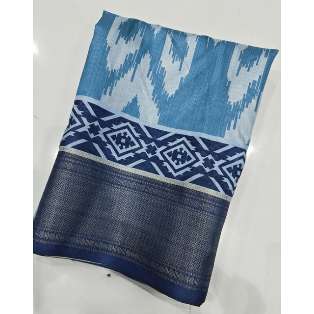 Women’s Cotton Silk Printed Saree With Unstitched Blouse 5.5Mtr (Blue)