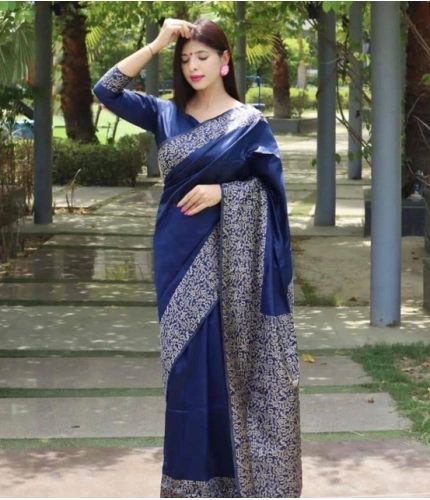 Generic Women's Soft Lichi Silk Printed Saree With Unstitched Blouse 5.5Mtr (Blue)
