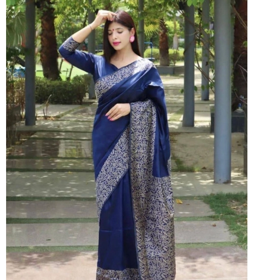 Generic Women's Soft Lichi Silk Printed Saree With Unstitched Blouse 5.5Mtr (Blue)