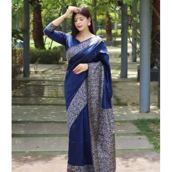 Generic Women's Soft Lichi Silk Printed Saree With Unstitched Blouse 5.5Mtr (Blue)