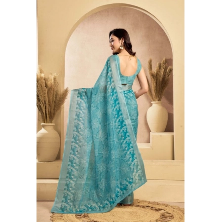 Generic Women's Faux_Linen Printed Ready-to-Wear Saree With Unstitched Blouse 5.5 Mtr (Aqua_Blue)