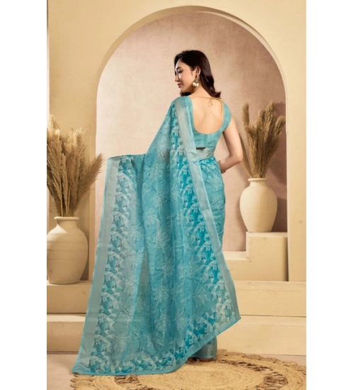 Generic Women's Faux_Linen Printed Ready-to-Wear Saree With Unstitched Blouse 5.5 Mtr (Aqua_Blue)
