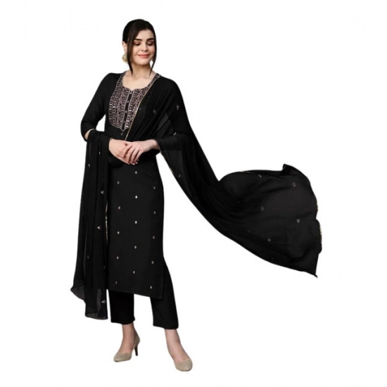 Generic Women's Tesla Silk Embroidered U-Neck Kurti With Pant Dupatta Set (Black)