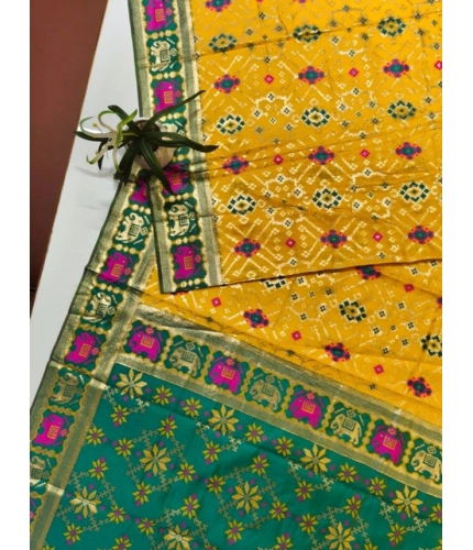 Generic Women's Patola Silk Meena And Zari Woven Saree With Unstitched Blouse 5.5Mtr (Yellow)