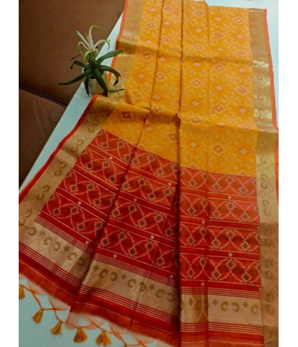 Generic Women's Raw Silk Ikkat Saree With Unstitched Blouse 5.5Mtr (Mustard)