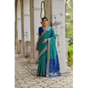 Generic Women's Silk_Blend Ethnic Ikat Pattern Saree With Unstitched Blouse 5.5Mtr (Teal)