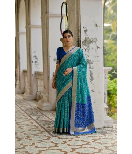 Generic Women's Silk_Blend Ethnic Ikat Pattern Saree With Unstitched Blouse 5.5Mtr (Teal)