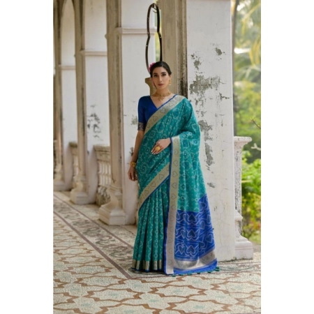 Generic Women's Silk_Blend Ethnic Ikat Pattern Saree With Unstitched Blouse 5.5Mtr (Teal)