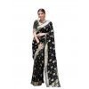 Generic Women's Soft Lichi Silk Printed Saree With Unstitched Blouse 5.5Mtr (Black)