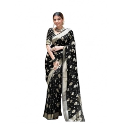 Generic Women's Soft Lichi Silk Printed Saree With Unstitched Blouse 5.5Mtr (Black)