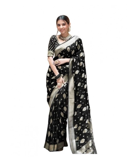 Generic Women's Soft Lichi Silk Printed Saree With Unstitched Blouse 5.5Mtr (Black)