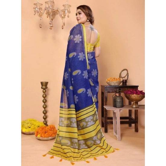 Generic Women's Linen Cotton Printed Saree With Unstitched Blouse 5.5Mtr (Blue) Generic Women's Linen Cotton Printed Saree With Unstitched Blouse 5.5Mtr (Blue)