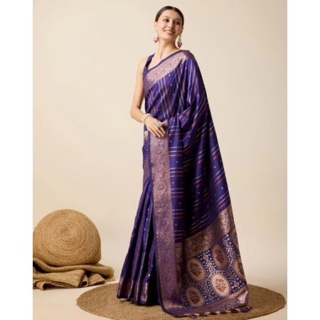 Generic Women's Soft Silk Jacquard Saree With Unstitched Blouse 5.5Mtr (Blue)