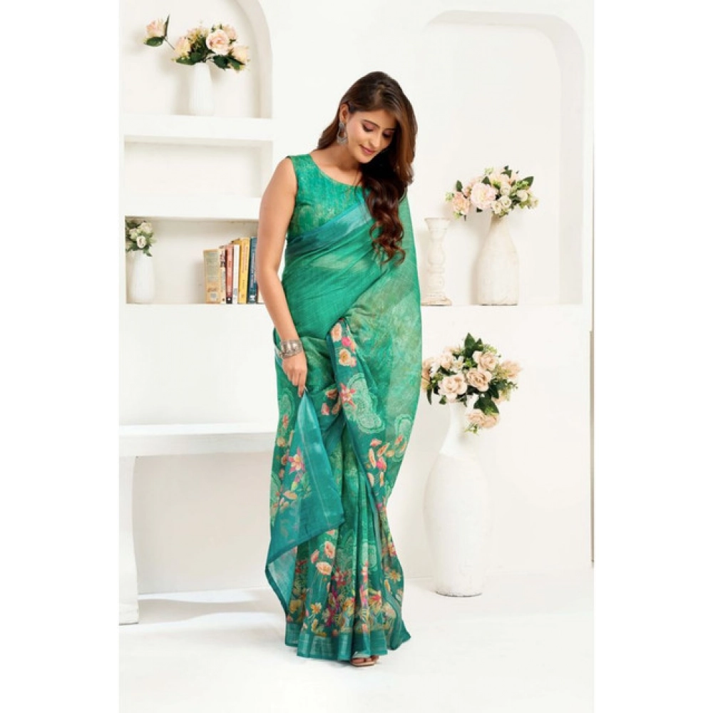 Generic Women's Linen Cotton Printed Ready To Wear Saree With Unstitched Blouse 5.5 Mtr (Green)
