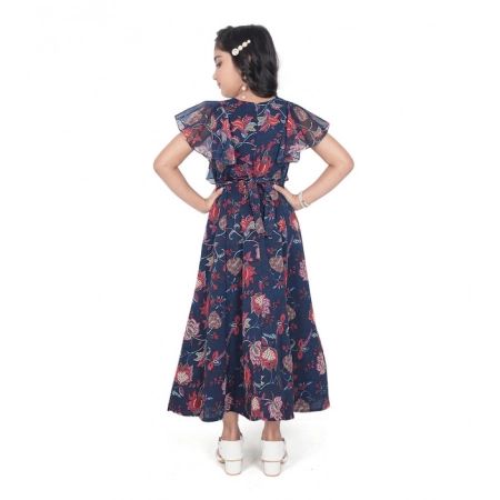 Generic Girl's Shiffon Printed Short Sleeve Round Neck Dress (Blue)