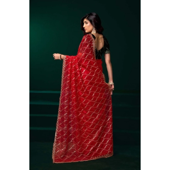 Generic Women's Net Sequence Saree With Unstitched Blouse 5.5Mtr (Red) Generic Women's Net Sequence Saree With Unstitched Blouse 5.5Mtr (Red)
