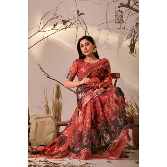 Generic Women's Faux_Linen Printed Saree With Unstitched Blouse 5.5Mtr (Red)