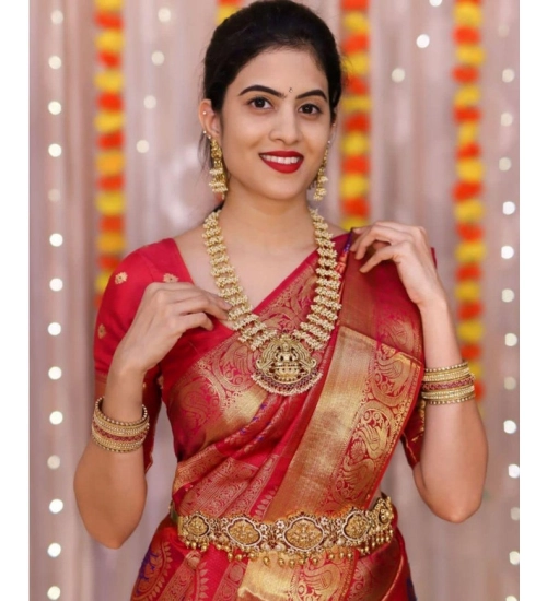 Generic Women's Soft Lichi Silk Printed Saree With Unstitched Blouse 5.5Mtr (Red)