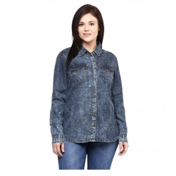 Generic Women's Denim Solid Long Sleeves Shirt (Blue)