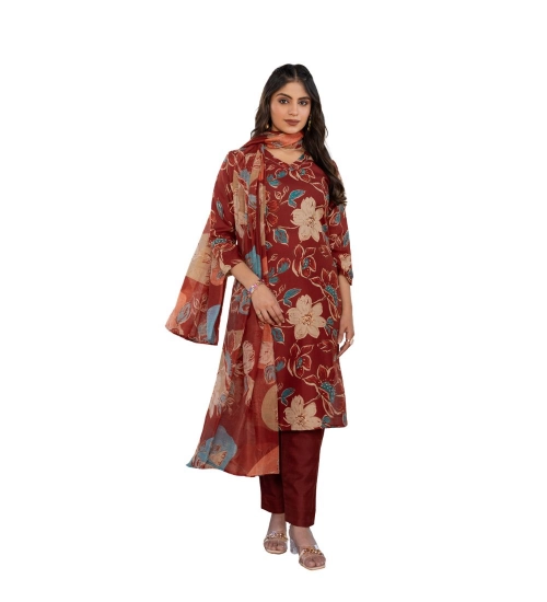 Generic Women's Cotton Blend Printed Kurti With Pant Dupatta Set (Rust)