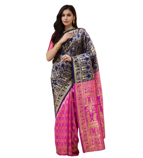 Generic Women's Silk Blend Zari Weaving Saree With Unstitched Blouse 5.5Mtr (Navy)