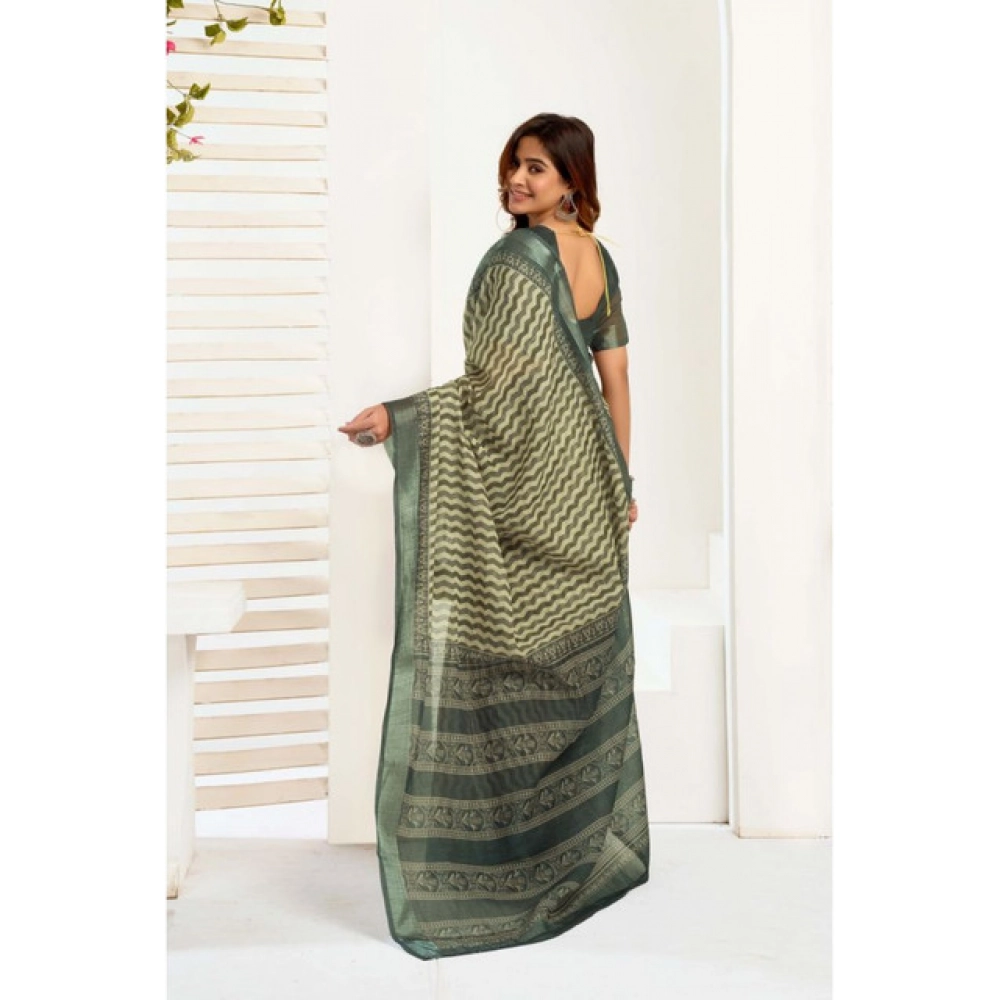 Generic Women's Linen Cotton Printed Ready To Wear With Pocket Saree With Unstitched Blouse 5.5 Mtr (Olive)