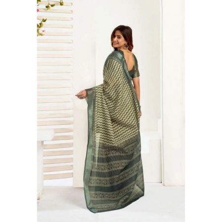 Generic Women's Linen Cotton Printed Ready To Wear With Pocket Saree With Unstitched Blouse 5.5 Mtr (Olive)
