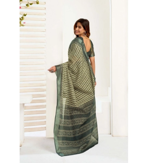 Generic Women's Linen Cotton Printed Ready To Wear With Pocket Saree With Unstitched Blouse 5.5 Mtr (Olive)