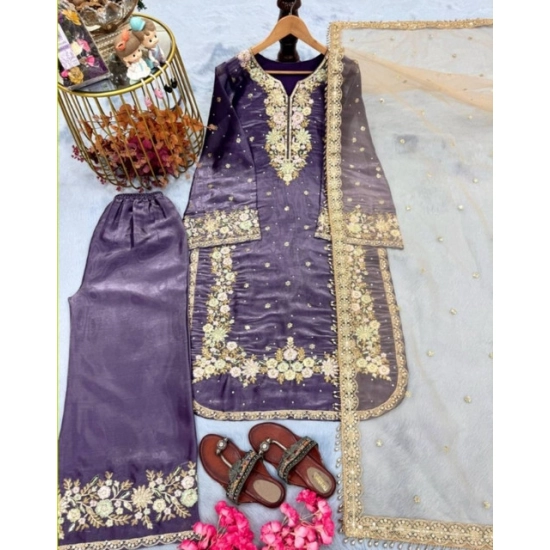 Generic Women's Silk Embroidered 3/4th Sleeve Round Kurti With Palazzo Pant and Dupatta Set (Purple) Generic Women's Silk Embroidered 3/4th Sleeve Round Kurti With Palazzo Pant and Dupatta Set (Purple)