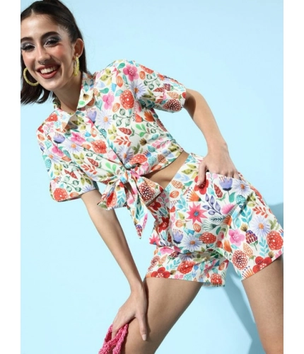 Generic Women's Polyester Floral Short Sleeve Co-Ord Set (Multicolor)