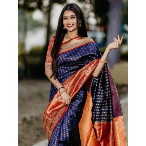 Women's Litchi silk Printed Saree With Unstitched Blouse (Blue) Women's Litchi silk Printed Saree With Unstitched Blouse (Blue)