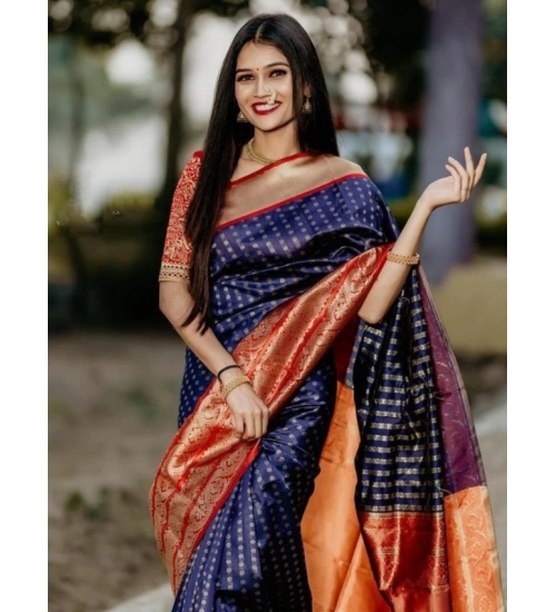 Generic Women's Litchi silk Printed Saree With Unstitched Blouse (Blue)