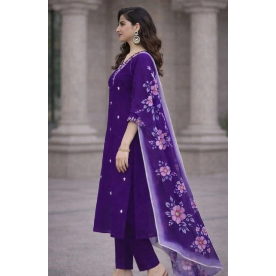 Generic Women's Chanderi Silk Ethnic Motif V-Neck 3/4th Sleeve Kurti With Pant Dupatta Set (Purple) Generic Women's Chanderi Silk Ethnic Motif V-Neck 3/4th Sleeve Kurti With Pant Dupatta Set (Purple)