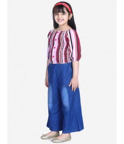 Generic Girl's Rayon Solid Bell Sleeve Top with Culottes (Purple-Blue)