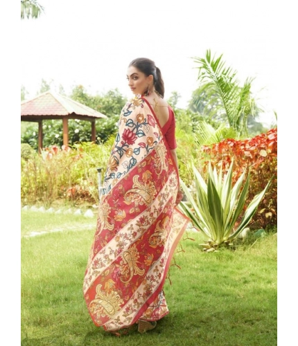 Generic Women's Faux_Tussar Kalamkari_Print Saree With Unstitched Blouse 5.5Mtr (Red)