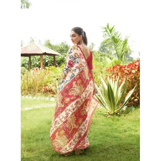 Generic Women's Faux_Tussar Kalamkari_Print Saree With Unstitched Blouse 5.5Mtr (Red) Generic Women's Faux_Tussar Kalamkari_Print Saree With Unstitched Blouse 5.5Mtr (Red)