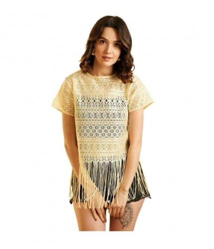 Generic Women's Polyester Lace Self Design Short Sleeve Top (Yellow)