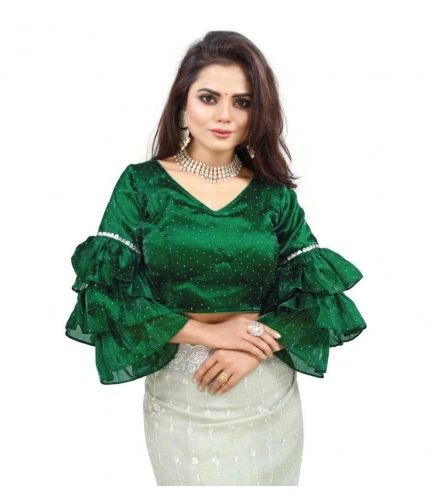 Generic Women's Organza Solid V Neck Layered Ruffle Sleeve Readymade Blouse (Green Free Size , up to 38–40 Bust)-PID65850
