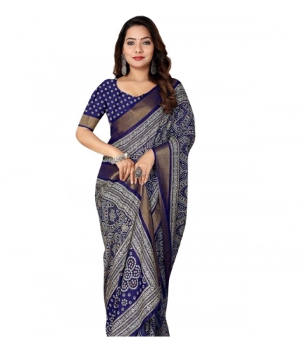Generic Women's Cotton Silk Printed Saree With Unstitched Blouse 5.5Mtr (Blue)